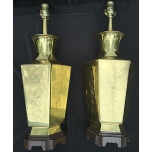 2 Rare Vtg Brass Frederick Cooper Asian Style Lamps Etch Floral & Tree Patterns